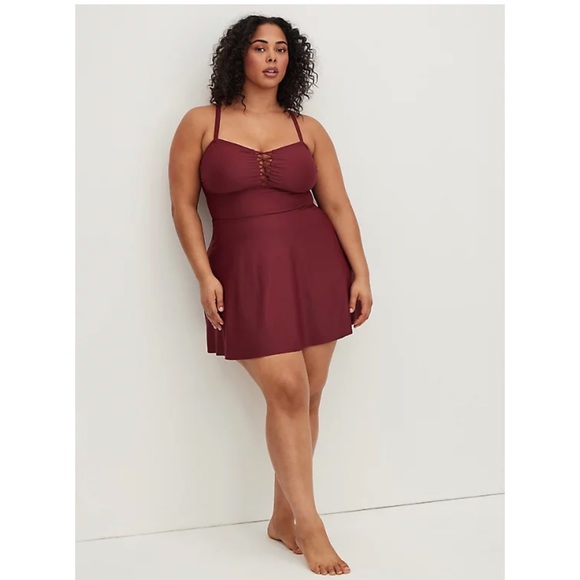 NWOT TORRID LATTICE FRONT PEPLUM LONG SWIM DRESS - BERRY - Picture 2 of 6